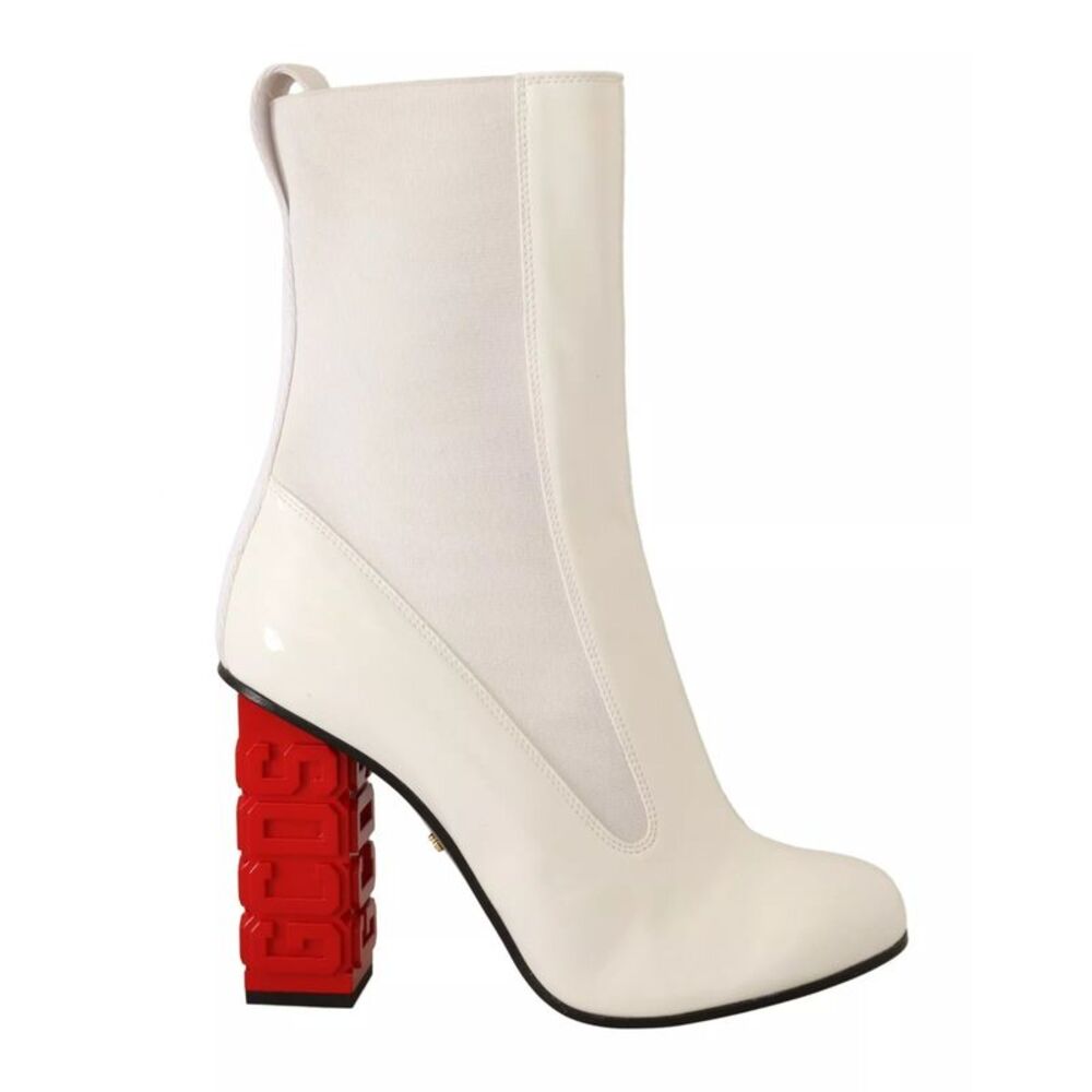 GCDS White Leather Fabric Red Logo Heel Ankle Boots Women's Shoes